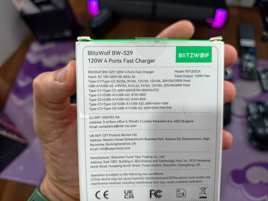CARREGADOR RÁPIDO BLITZWOLF BW-S29 120W GAN 4 PORTAS 2 USB-C 2 USB-A
