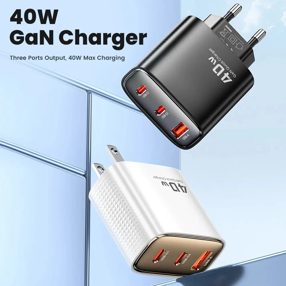 Carregador Toocki 40W GaN Fast Charge USB-C + USB-C + USB-A